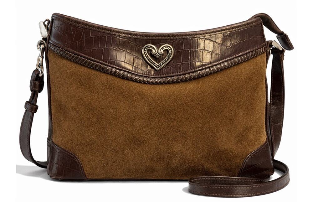 Brighton Brown Suede Embossed Crocodile Leather Hobo Adj Hdl Silver Emb Handbag